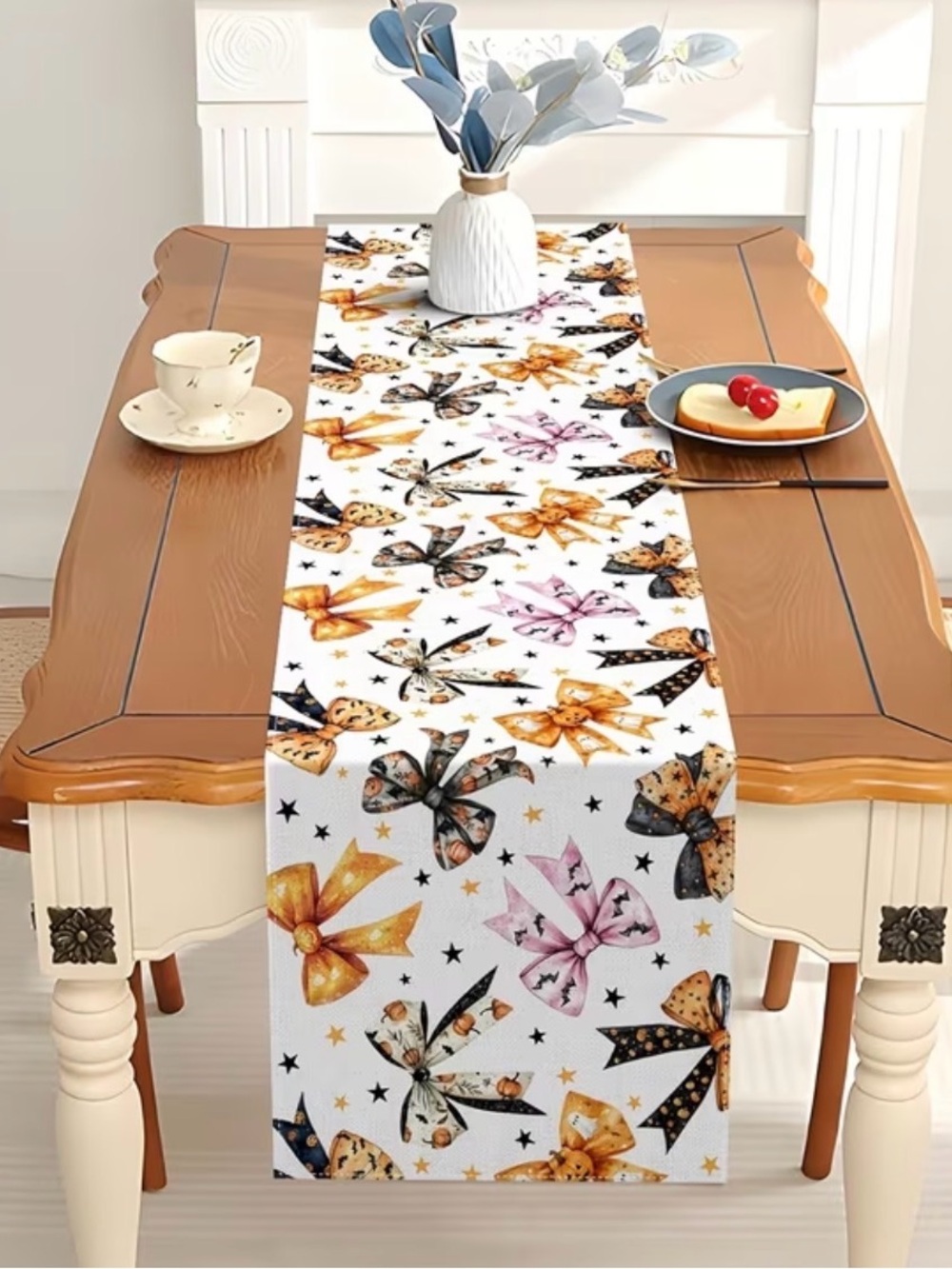 New Halloween Table Runner 13 x 72 Inches Pumpkin Bow Print Spooky Fall coquette